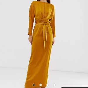 ASOS satin maxi dress with batwing sleeve and wrap waist in mustard